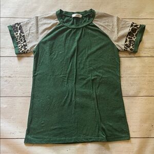 Green T-Shirt with Striped and Leopard Sleeves